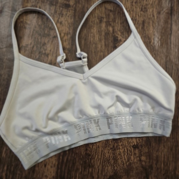 PINK Victoria's Secret Other - PINK Sports‎ Bra Womens S White Excellent Silver Metallic Logo Mesh Racerback